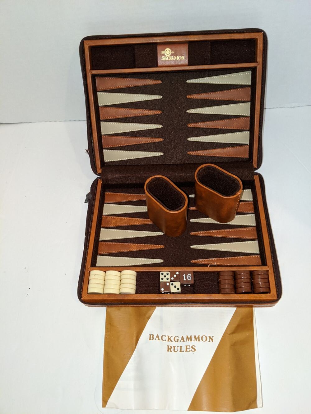 Vintage Skor Mor Travel Backgammon Board Game Faux Leather Case Complete